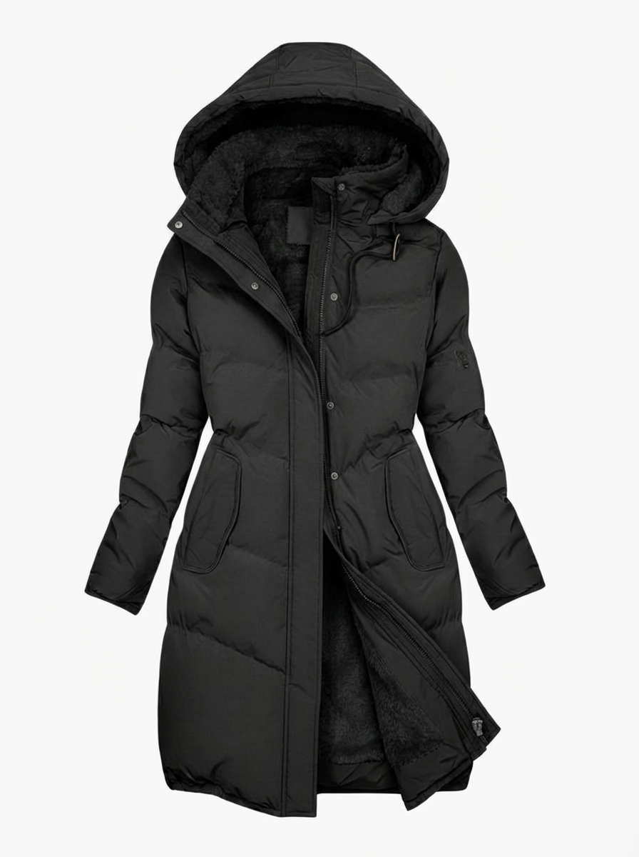 Pia| Women's Black Longline Quilted Hooded Puffer Coat 3