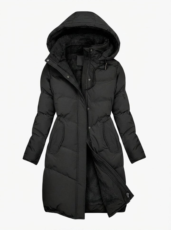Pia| Women's Black Longline Quilted Hooded Puffer Coat 3