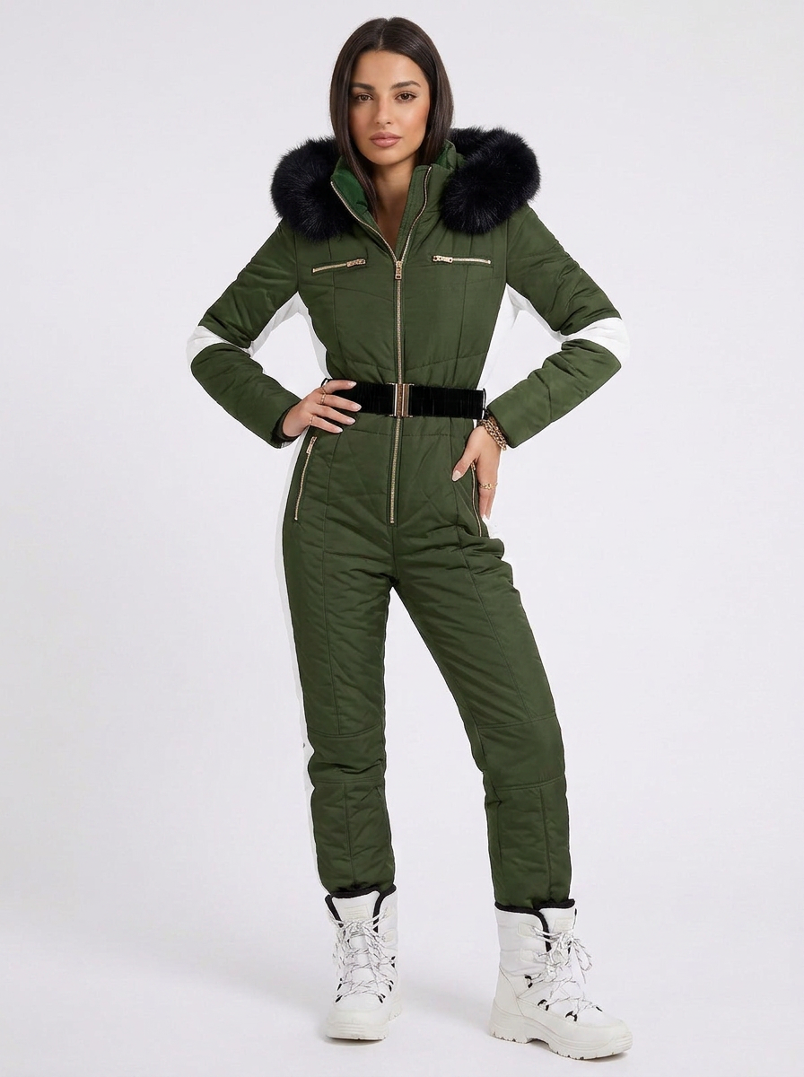 Piella | Women's Ski Jumpsuit Hooded Belted Slim Fit Zip