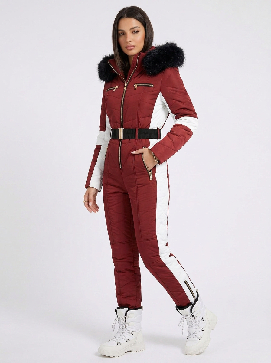 Piella | Women's Ski Jumpsuit Hooded Belted Slim Fit Zip