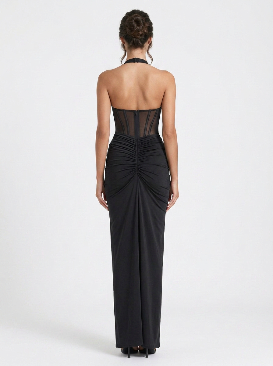 Quinn | Halter Neck Corset Bodice Ruched Maxi Dress