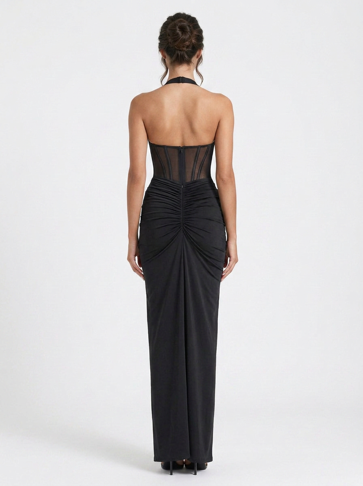 Quinn | Halter Neck Corset Bodice Ruched Maxi Dress