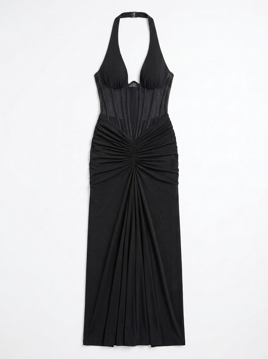 Quinn | Halter Neck Corset Bodice Ruched Maxi Dress