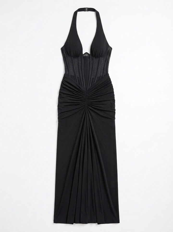 Quinn | Halter Neck Corset Bodice Ruched Maxi Dress