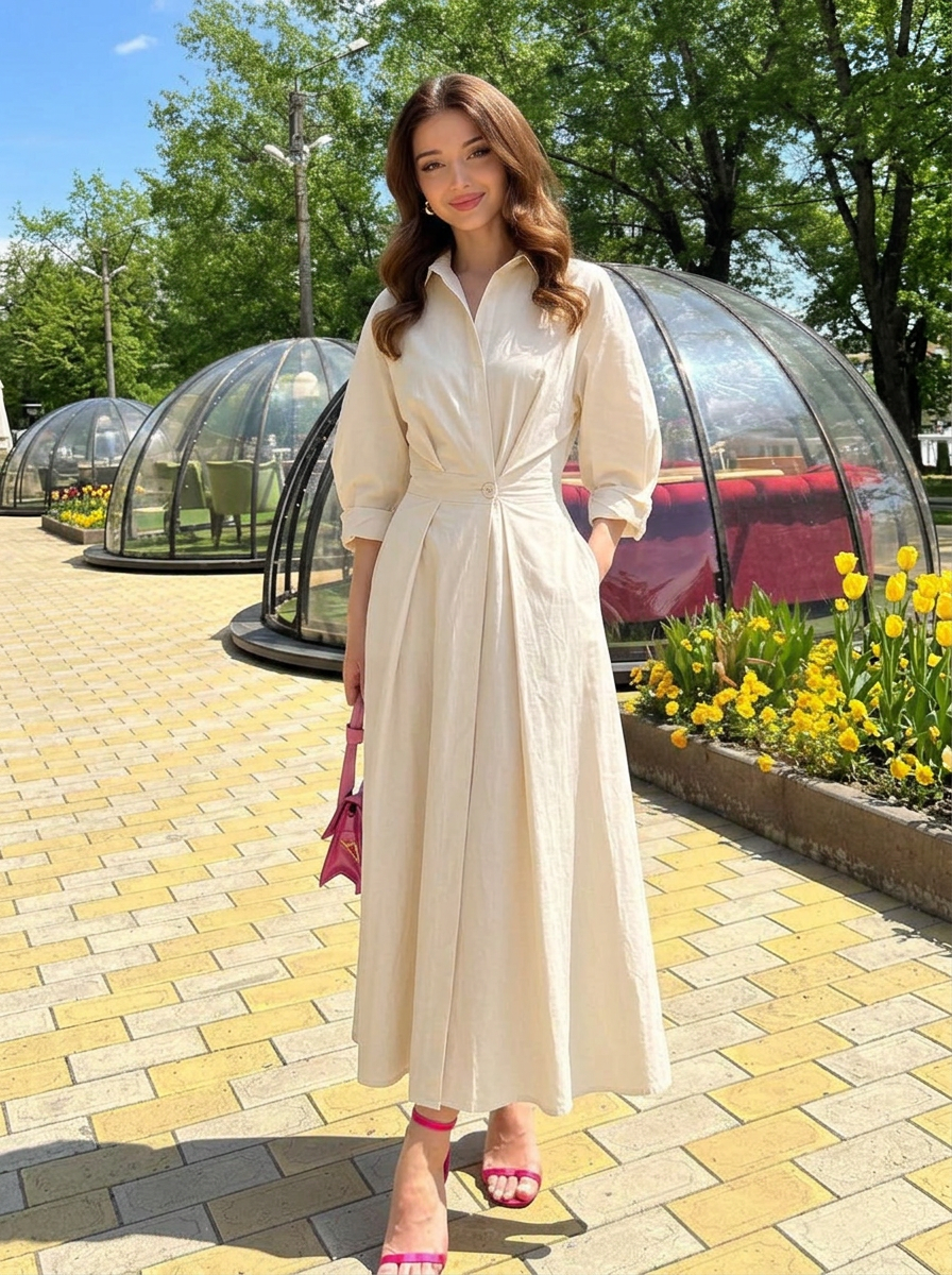 Ruby | Women's Long Sleeve Dress with Button Waist Detail