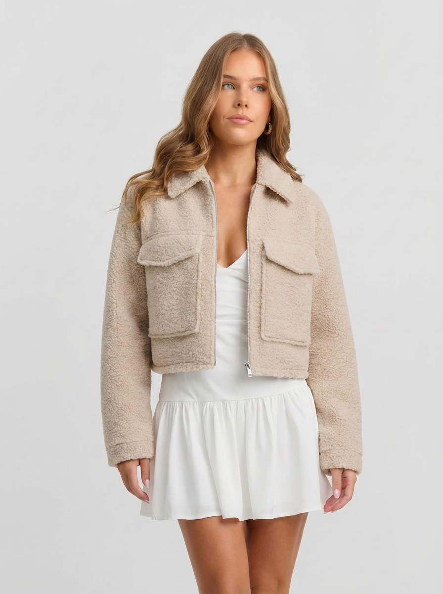 Sadie | Women's Beige Zip Front Cropped Sherpa Jacket