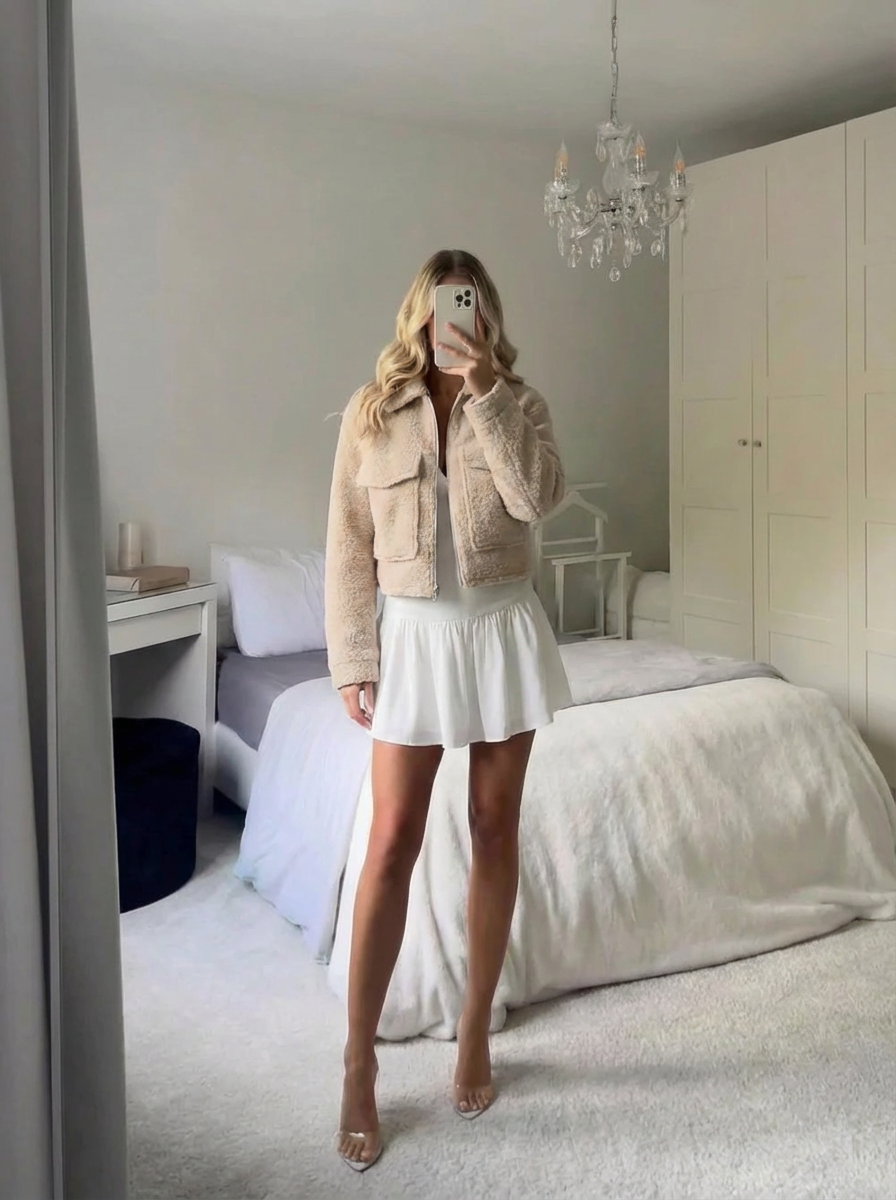 Sadie | Women's Beige Zip Front Cropped Sherpa Jacket 1