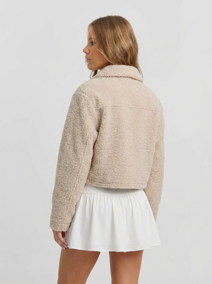 Sadie | Women's Beige Zip Front Cropped Sherpa Jacket 2