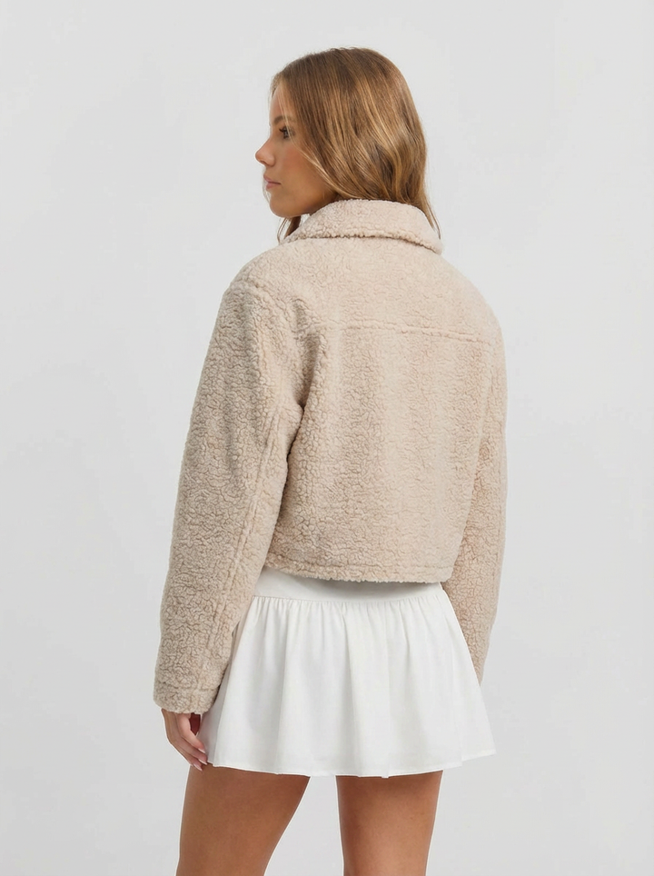 Sadie | Women's Beige Zip Front Cropped Sherpa Jacket 2