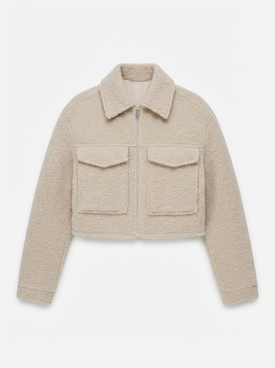 Sadie | Women's Beige Zip Front Cropped Sherpa Jacket 3