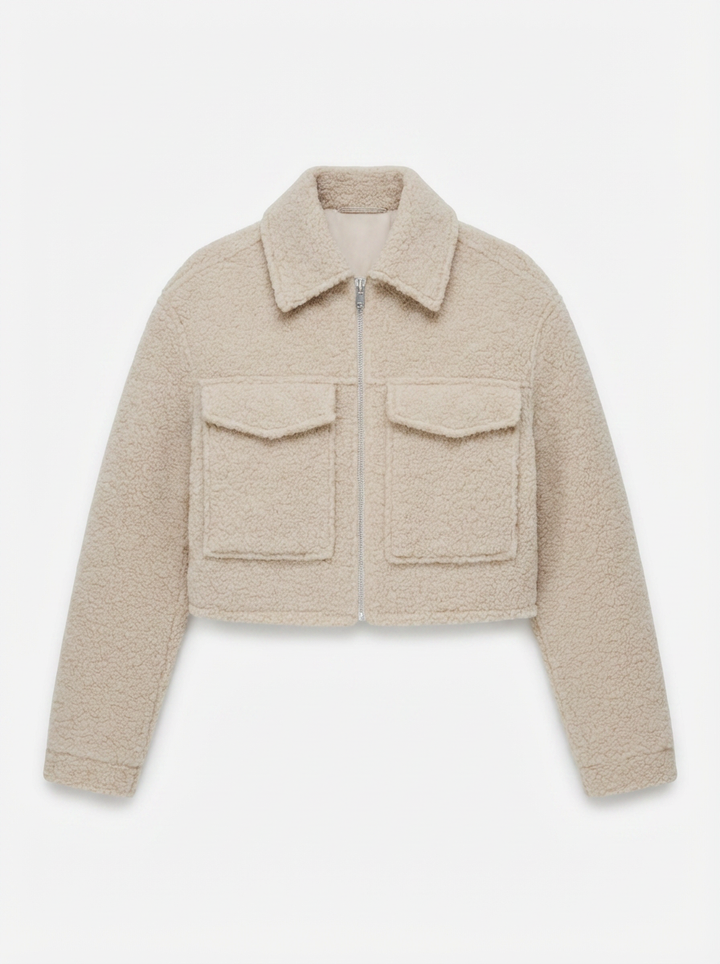 Sadie | Women's Beige Zip Front Cropped Sherpa Jacket 3