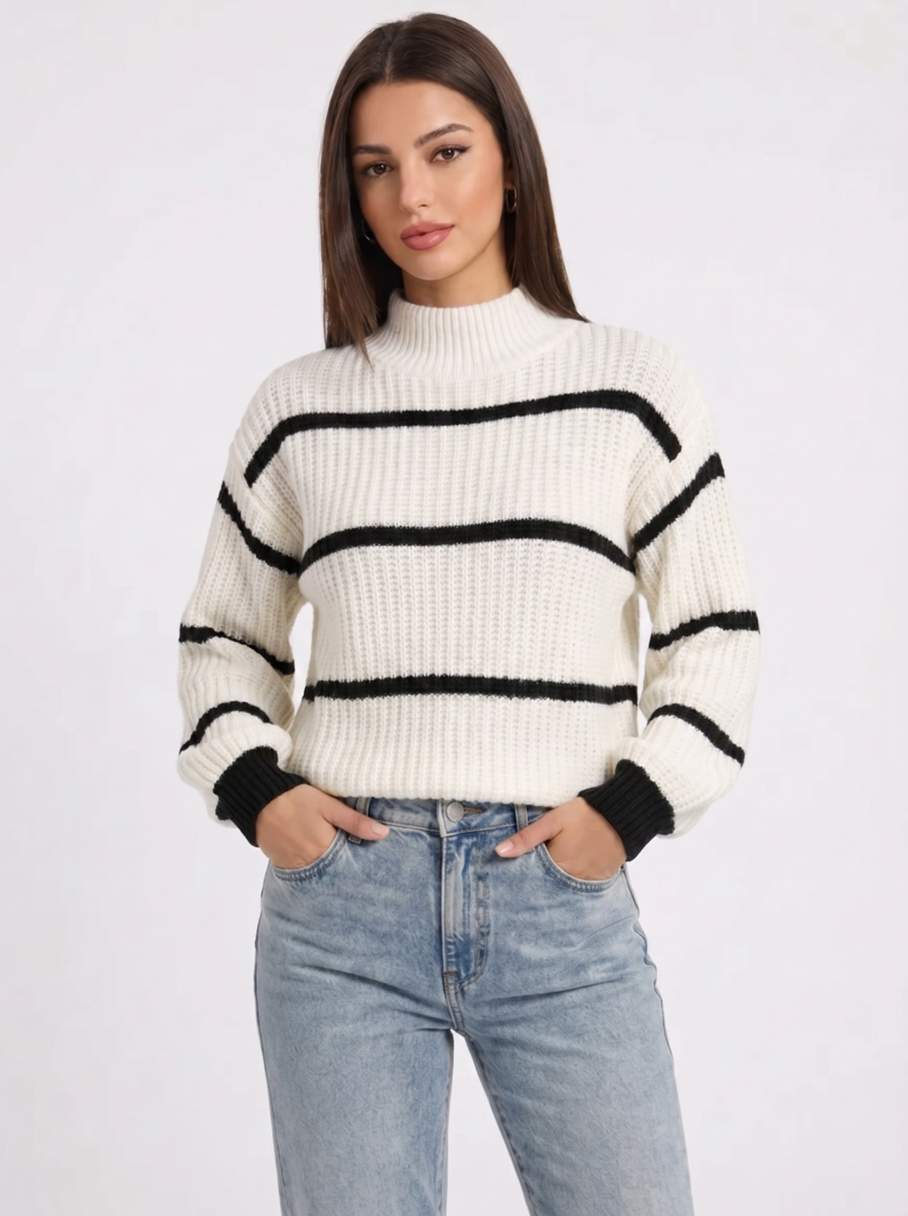 Sage | Women's Striped Knitted Jumper Mock Neck