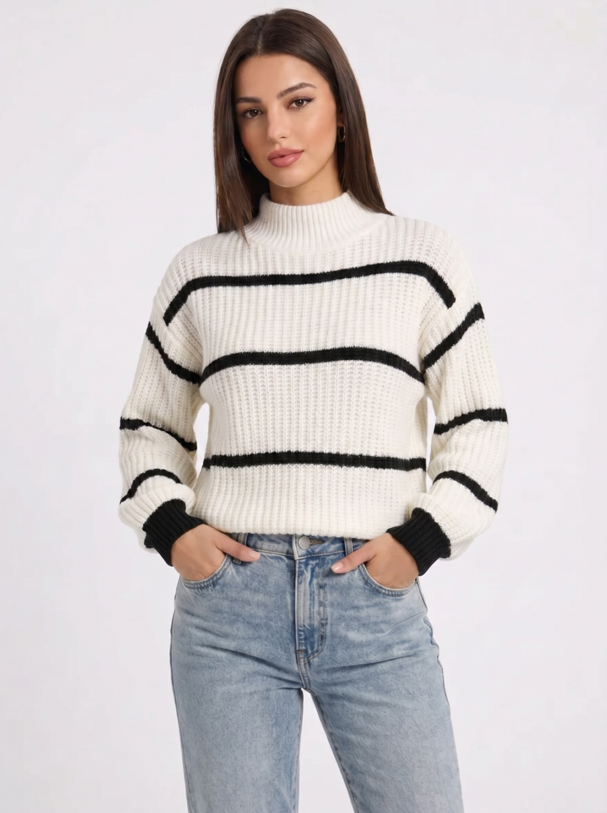 Sage | Women's Striped Knitted Jumper Mock Neck