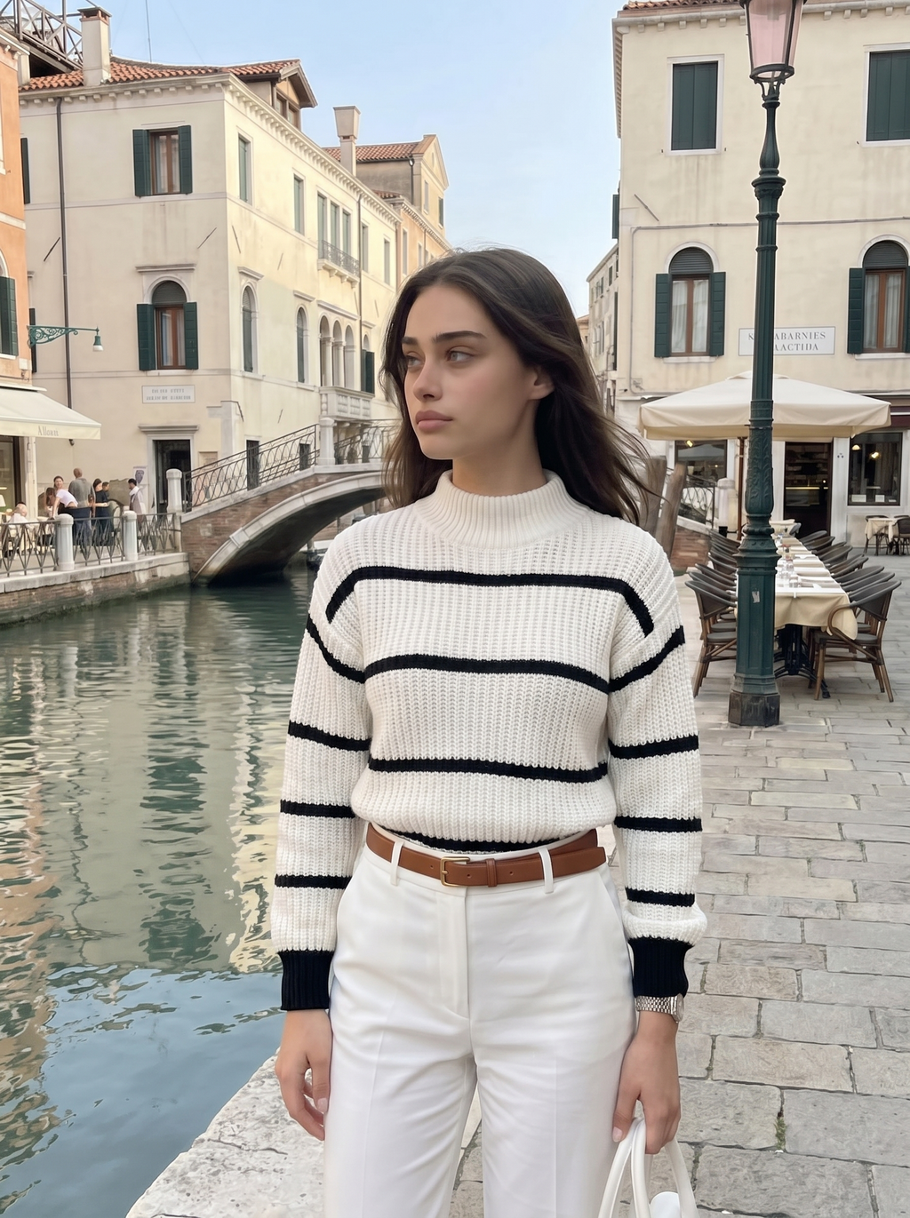 Sage | Women's Striped Knitted Jumper Mock Neck