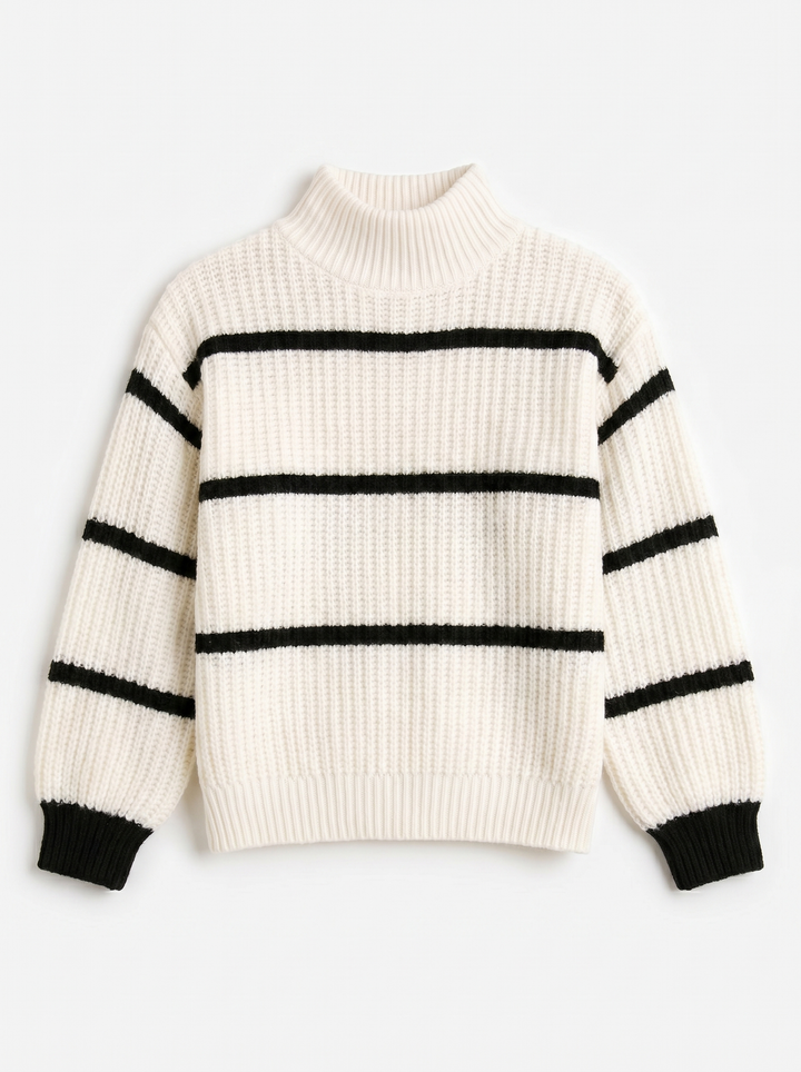 Sage | Women's Striped Knitted Jumper Mock Neck