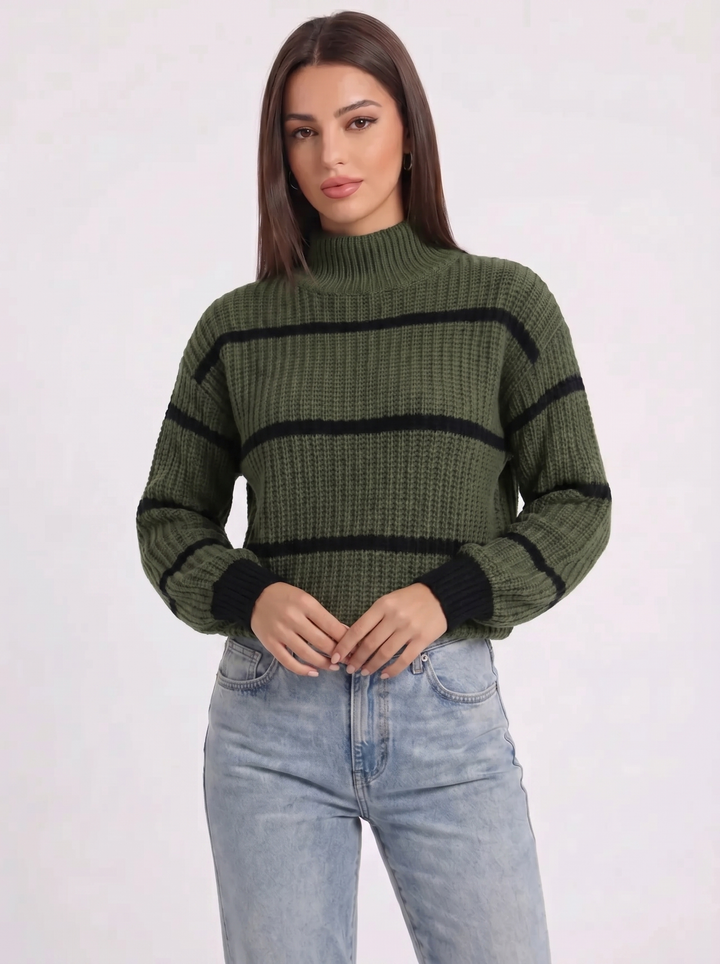 Sage | Women's Striped Knitted Jumper Mock Neck