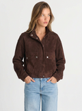 Sandra | Women's Brown Suede Jacket Cropped Stand Collar Snap Button Utility