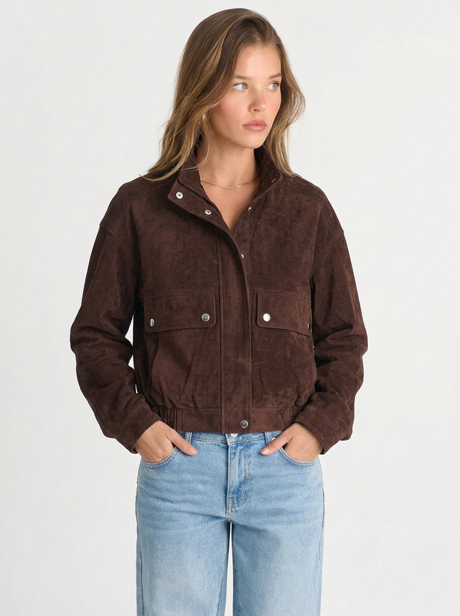Sandra | Women's Brown Suede Jacket Cropped Stand Collar Snap Button Utility