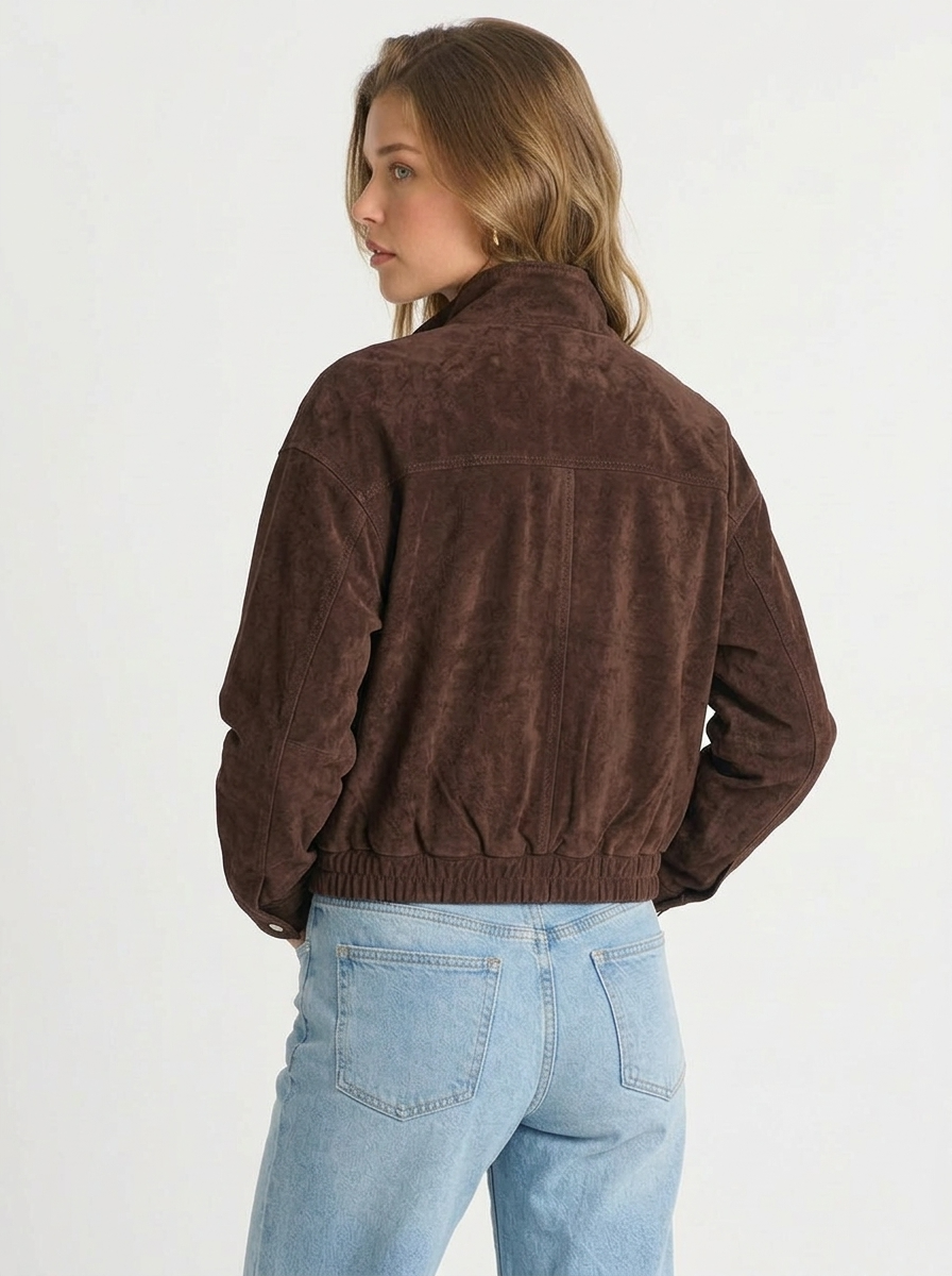 Sandra | Women's Brown Suede Jacket Cropped Stand Collar Snap Button Utility 2