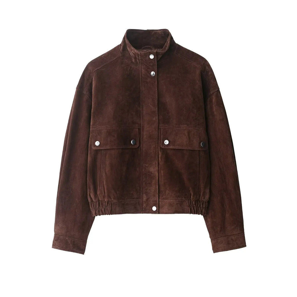 Sandra | Women's Brown Suede Jacket Cropped Stand Collar Snap Button Utility 3