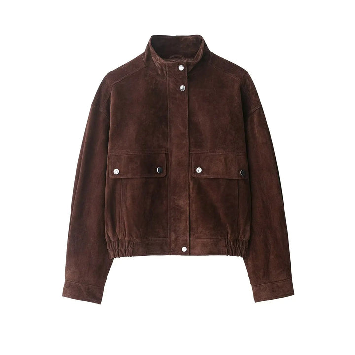 Sandra | Women's Brown Suede Jacket Cropped Stand Collar Snap Button Utility 3