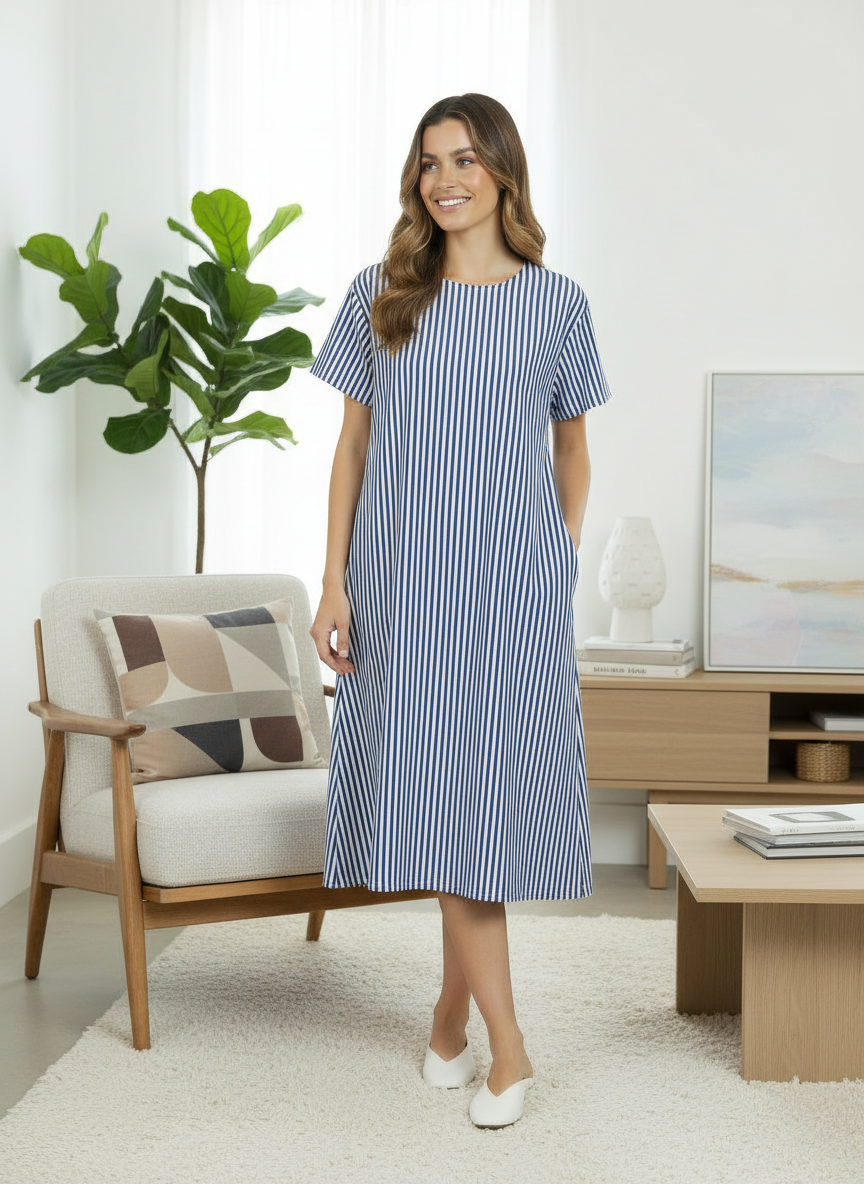 Selina | Striped Cotton Midi Dress Blue 1