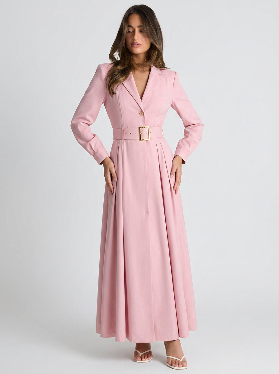 Shania | Pink Belted Long Sleeve Dress Maxi 