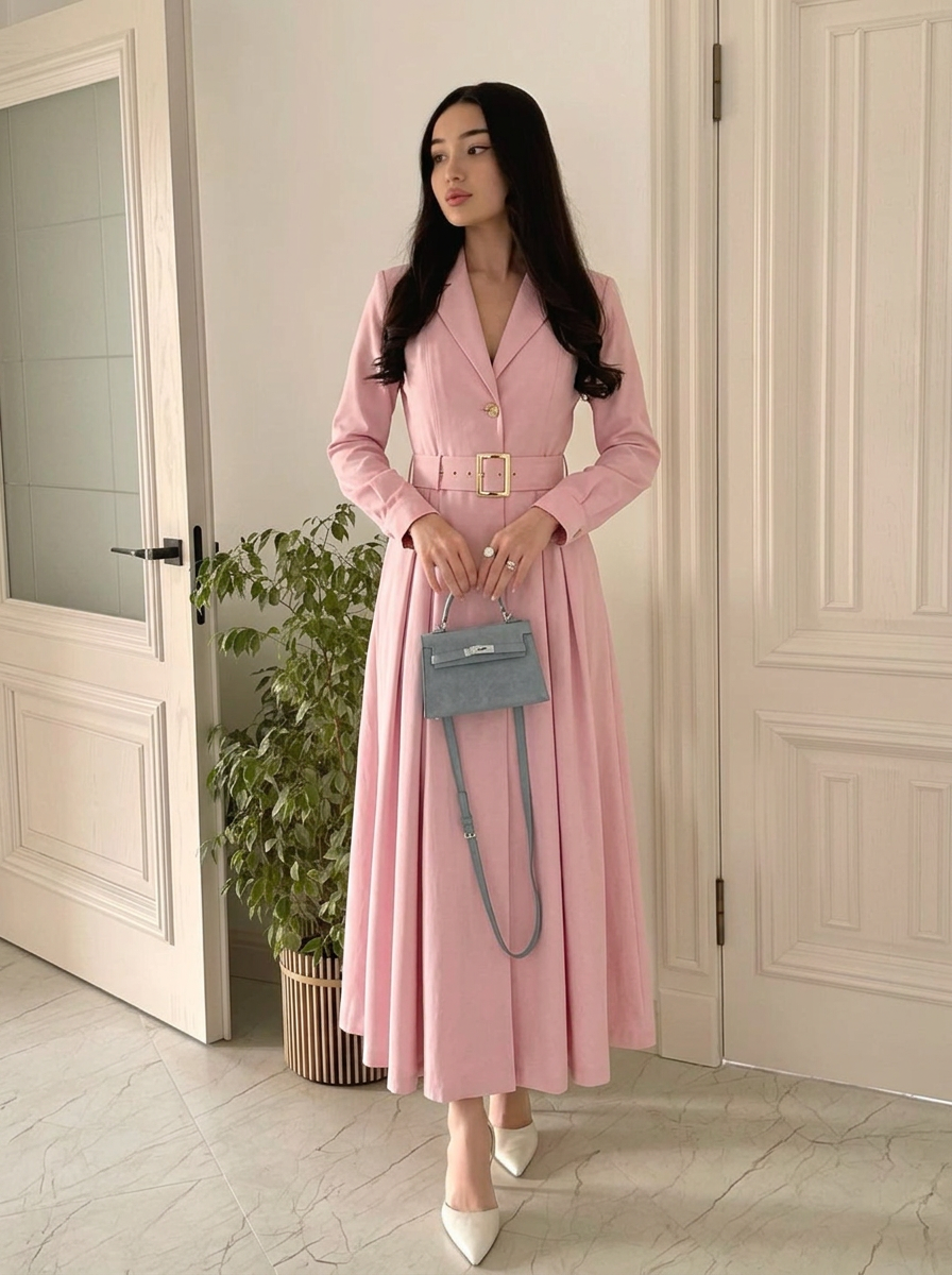 Shania | Pink Belted Long Sleeve Dress Maxi 
