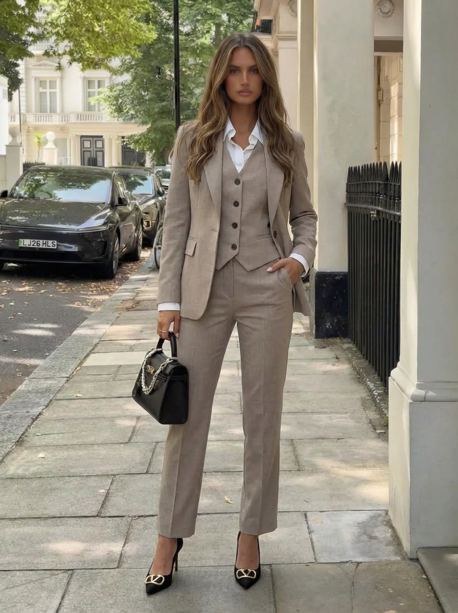 Simone | Women's Taupe Three Piece Blazer Vest Trouser Suit 1