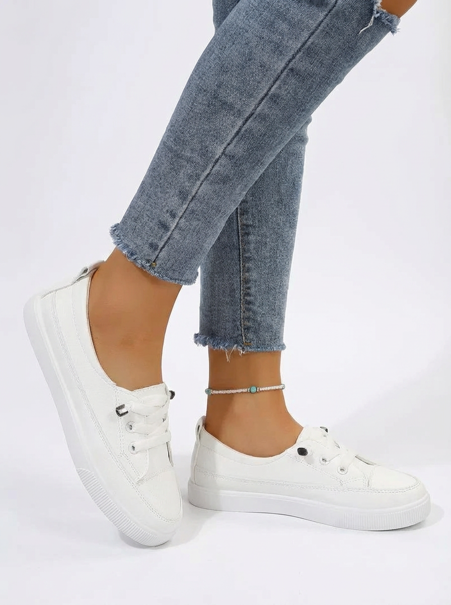 Stella | Women's White Lace-Up Flat Sneakers