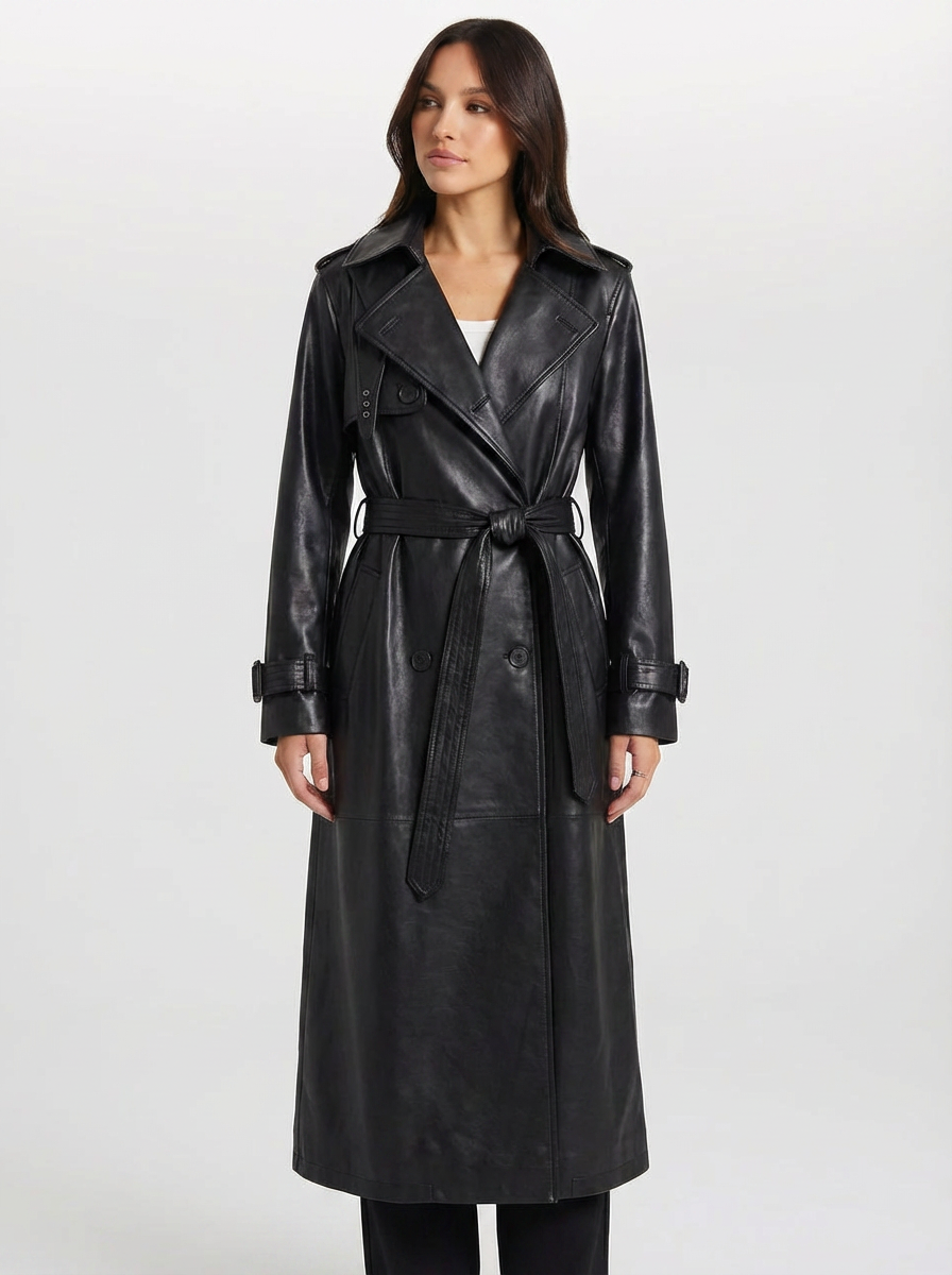 Tara | Women's Black Double Breasted Faux Leather Trench Coat