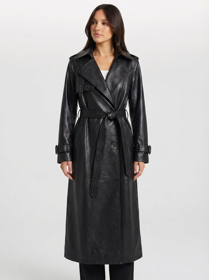 Tara | Women's Black Double Breasted Faux Leather Trench Coat