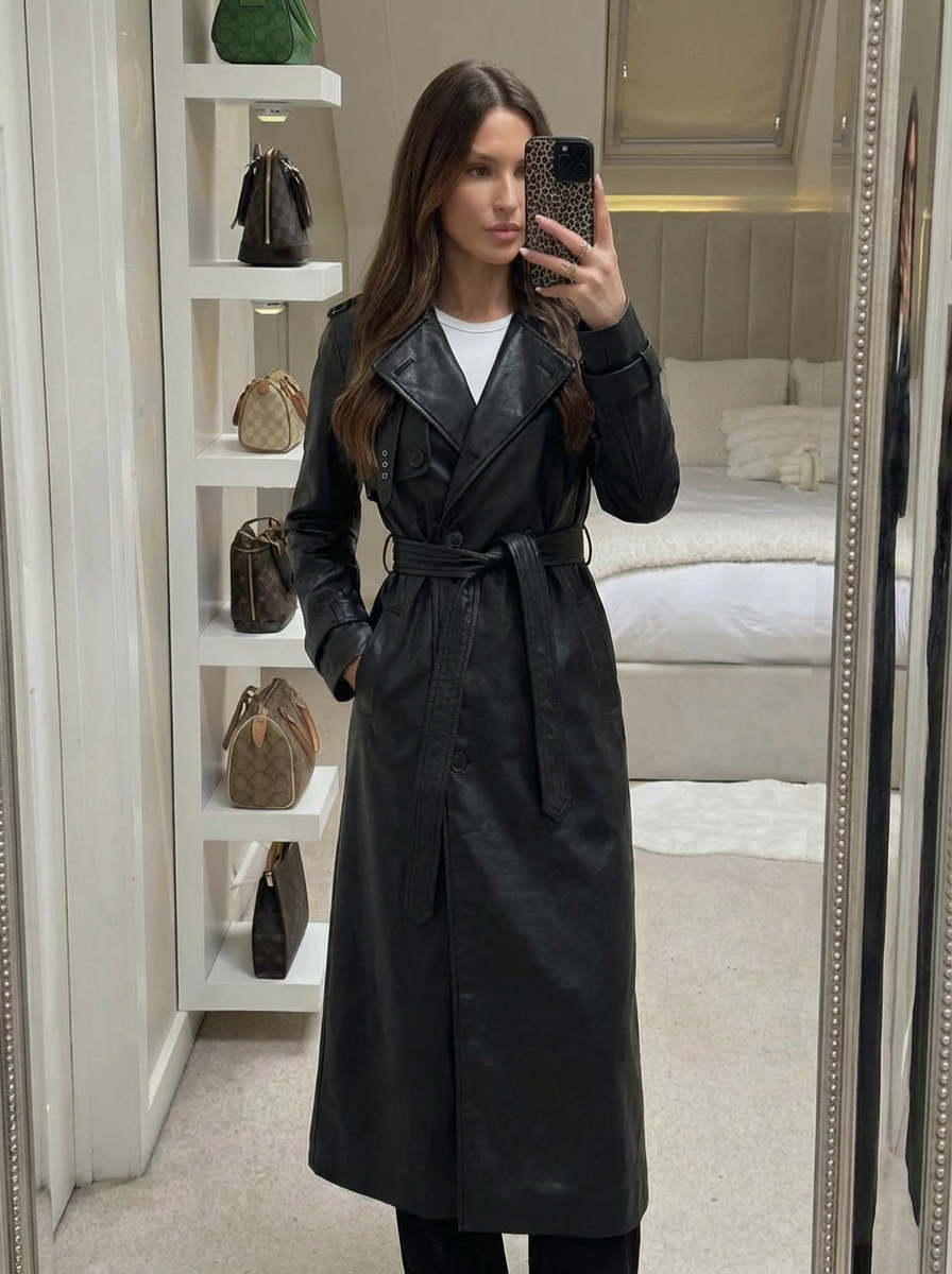 Tara | Women's Black Double Breasted Faux Leather Trench Coat 1