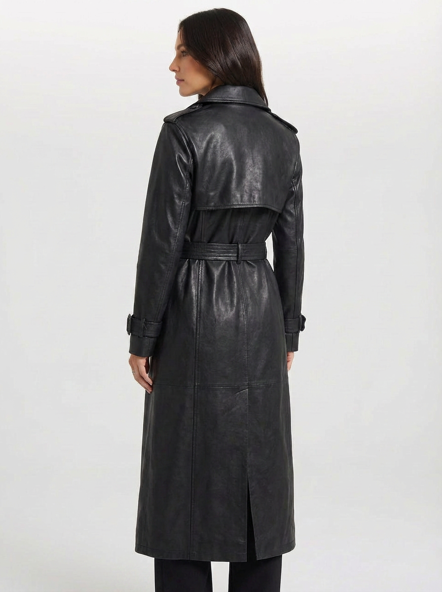 Tara | Women's Black Double Breasted Faux Leather Trench Coat 2