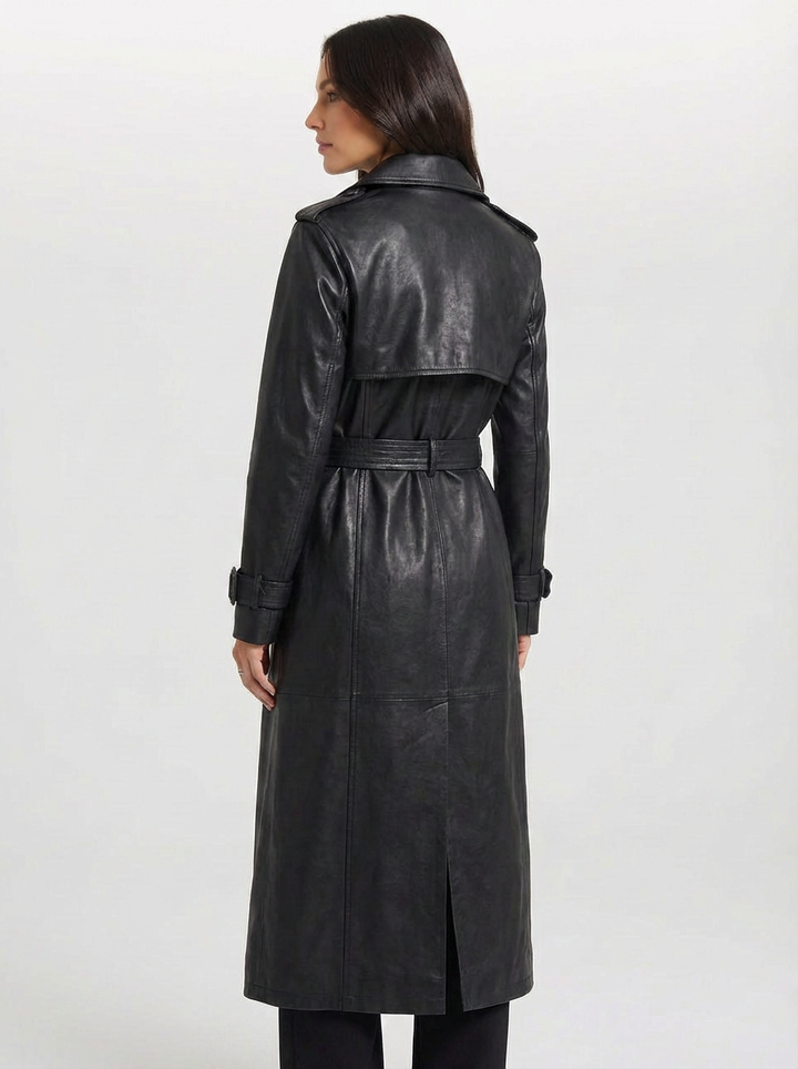 Tara | Women's Black Double Breasted Faux Leather Trench Coat 2