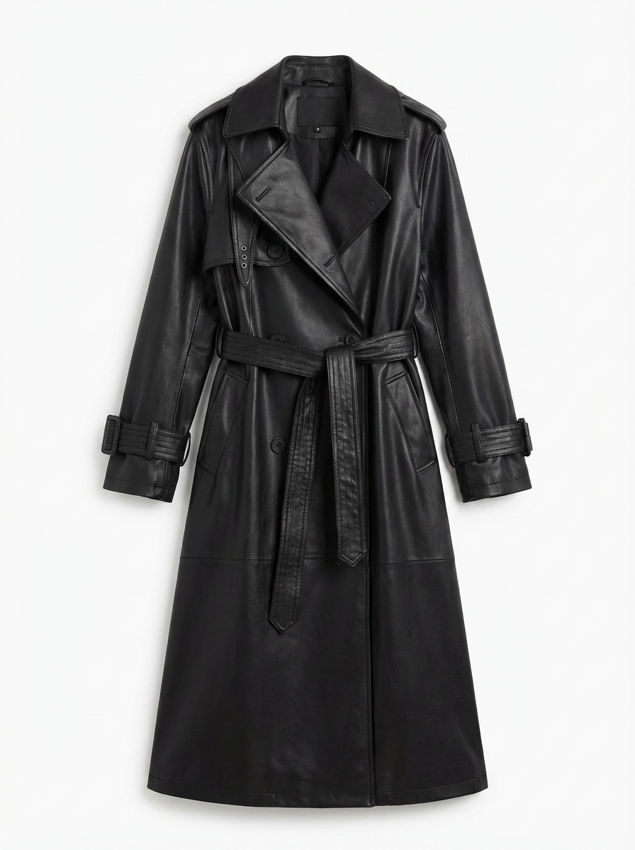 Tara | Women's Black Double Breasted Faux Leather Trench Coat 3