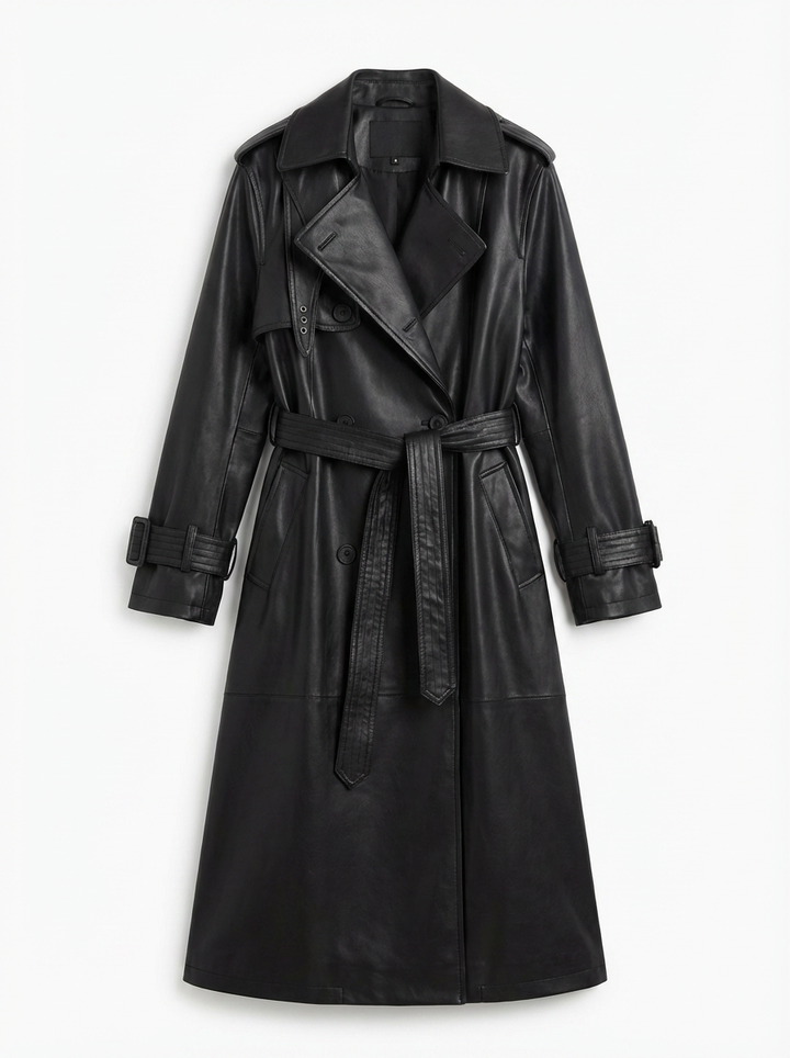 Tara | Women's Black Double Breasted Faux Leather Trench Coat 3