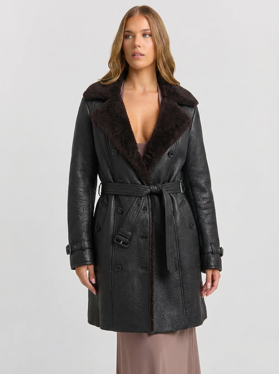 Tatum | Women's Black Double Breasted Leather Trench Coat