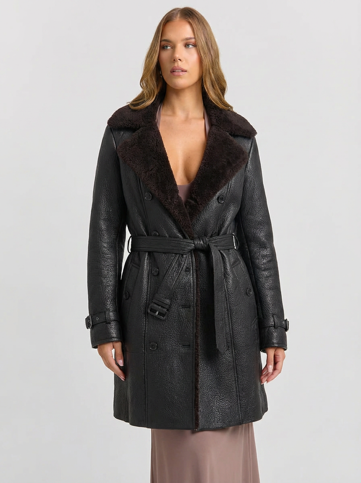 Tatum | Women's Black Double Breasted Leather Trench Coat
