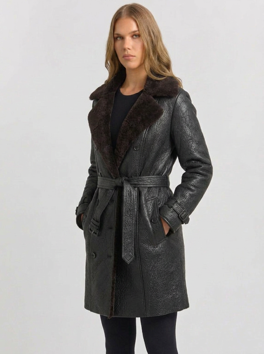 Tatum | Women's Black Leather Wool Trench Coat