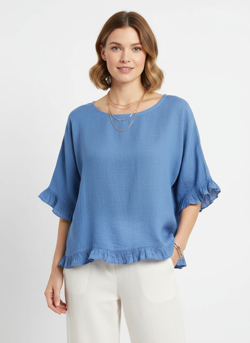 Tess | Women's Frill Trim Round Neck Half Sleeve Woven Top