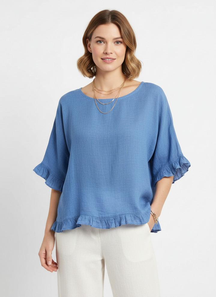 Tess | Women's Frill Trim Round Neck Half Sleeve Woven Top