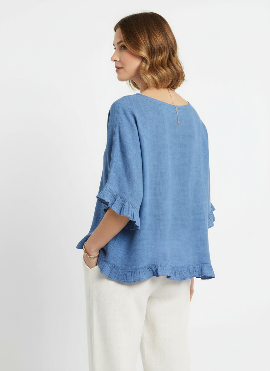 Tess | Women's Frill Trim Round Neck Half Sleeve Woven Top 2