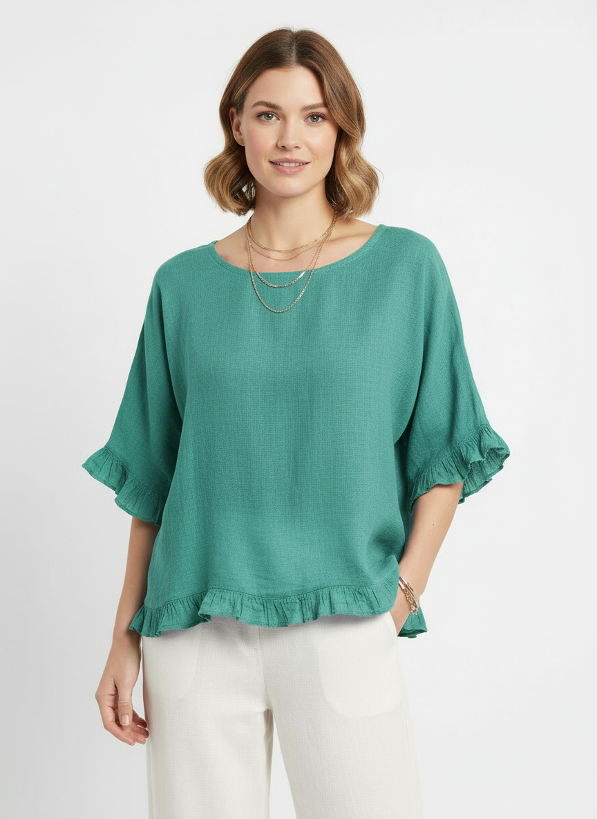 Tess | Women's Frill Trim Round Neck Half Sleeve Woven Top 5