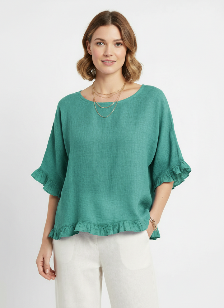 Tess | Women's Frill Trim Round Neck Half Sleeve Woven Top 5