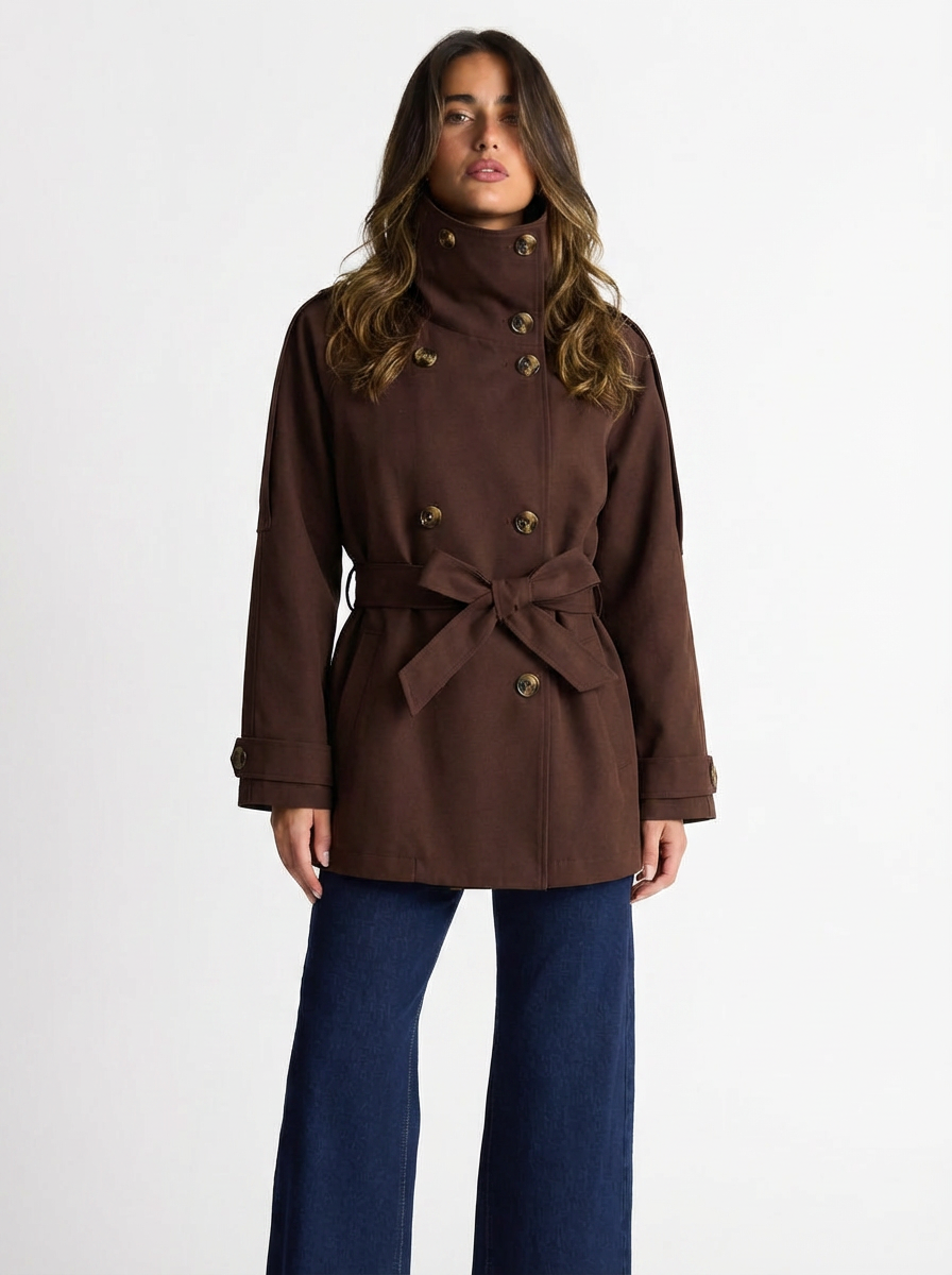 Tessa | Women's Dark Brown High Stand Collar Short Trench Coat
