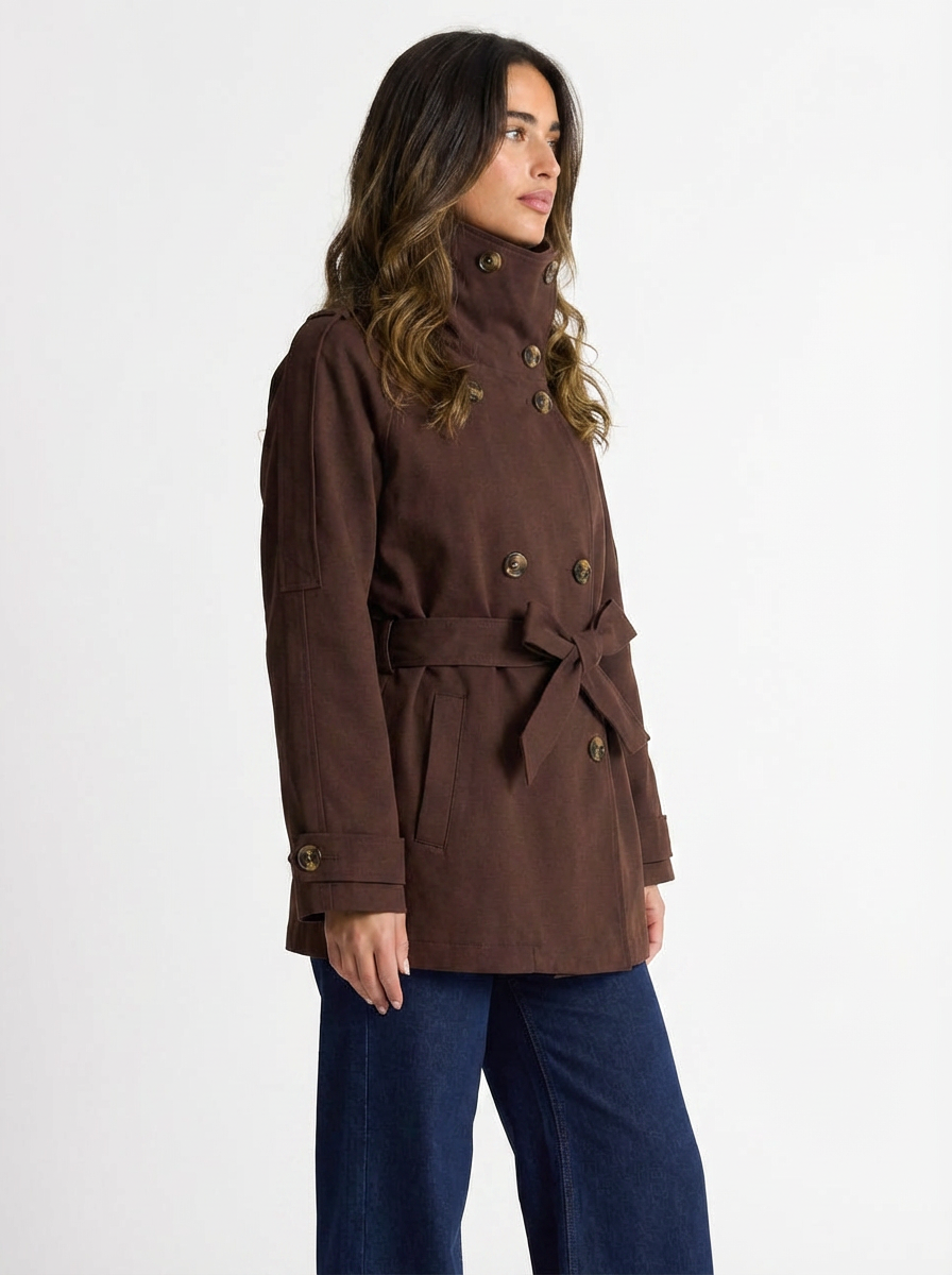 Tessa | Women's Dark Brown High Stand Collar Short Trench Coat 2