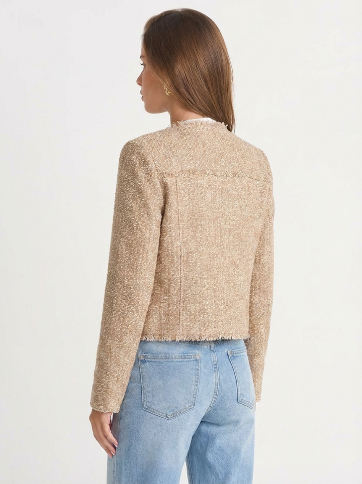 Tilly | Women's Beige Collarless Cropped Tweed Jacket 2