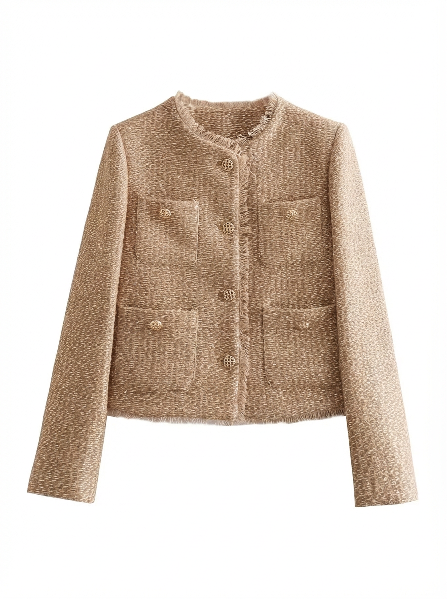 Tilly | Women's Beige Collarless Cropped Tweed Jacket 3