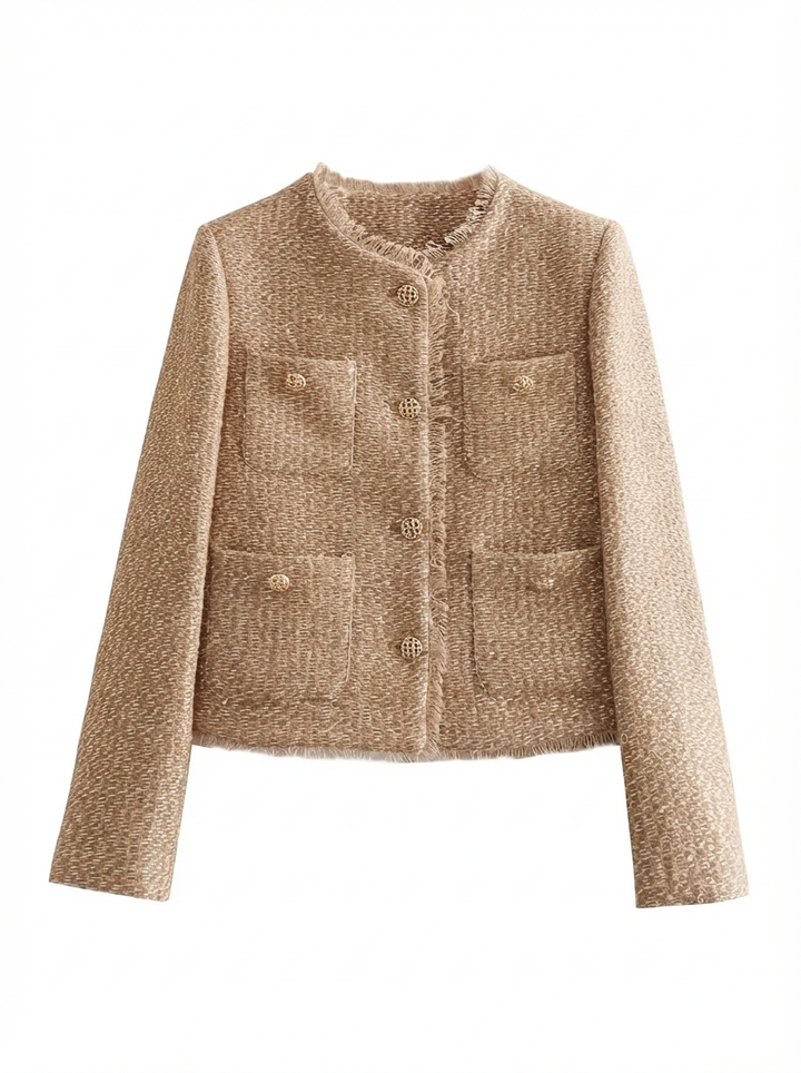 Tilly | Women's Beige Collarless Cropped Tweed Jacket 3